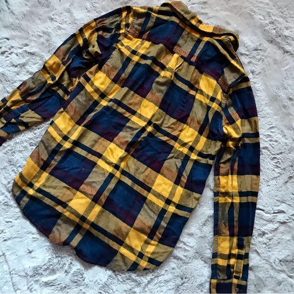 Preppy Plaid button down by Pink Rose medium blue purple mustard yellow - Picture 2 of 6